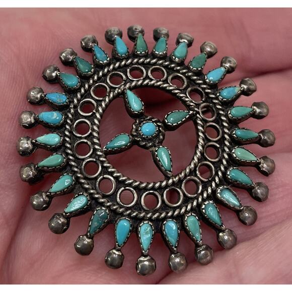 Vintage Zuni Petit Point Silver & Turquoise Brooch Pin Native American Old Pawn - Picture 2 of 11